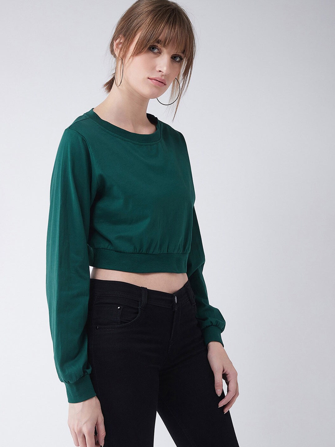 MISS CHASE | Green Round Neck Full Sleeves Solid Crop Top