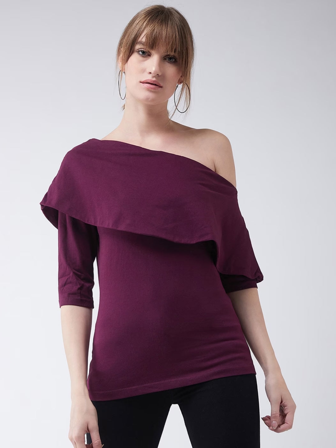 Magenta One shoulder 3/4 Sleeve Solid Layered Top