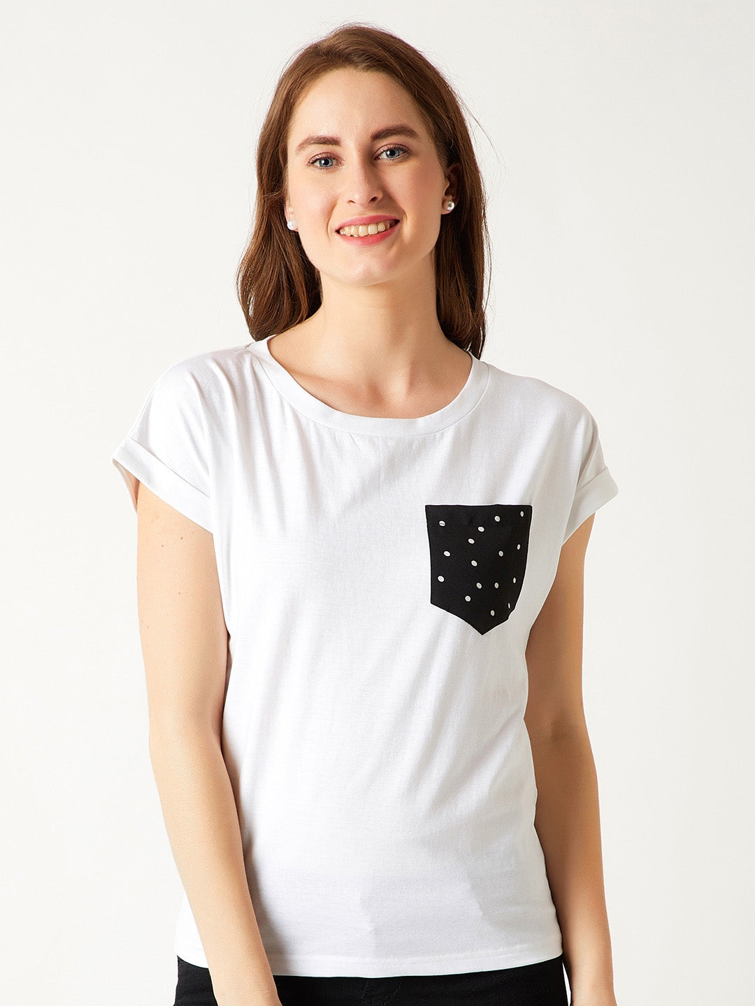 MISS CHASE | White Round Neck Short Sleeve Cotton Solid Polka Dot Patch Pocket T-Shirt