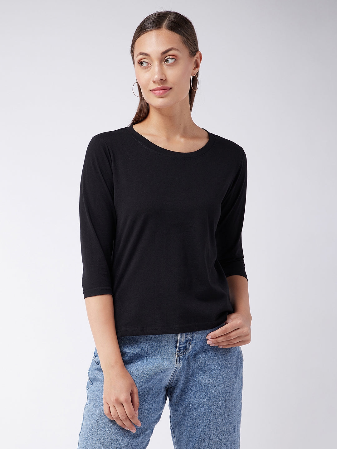 MISS CHASE | Black Round Neck 3/4 Sleeves Solid Basic Top