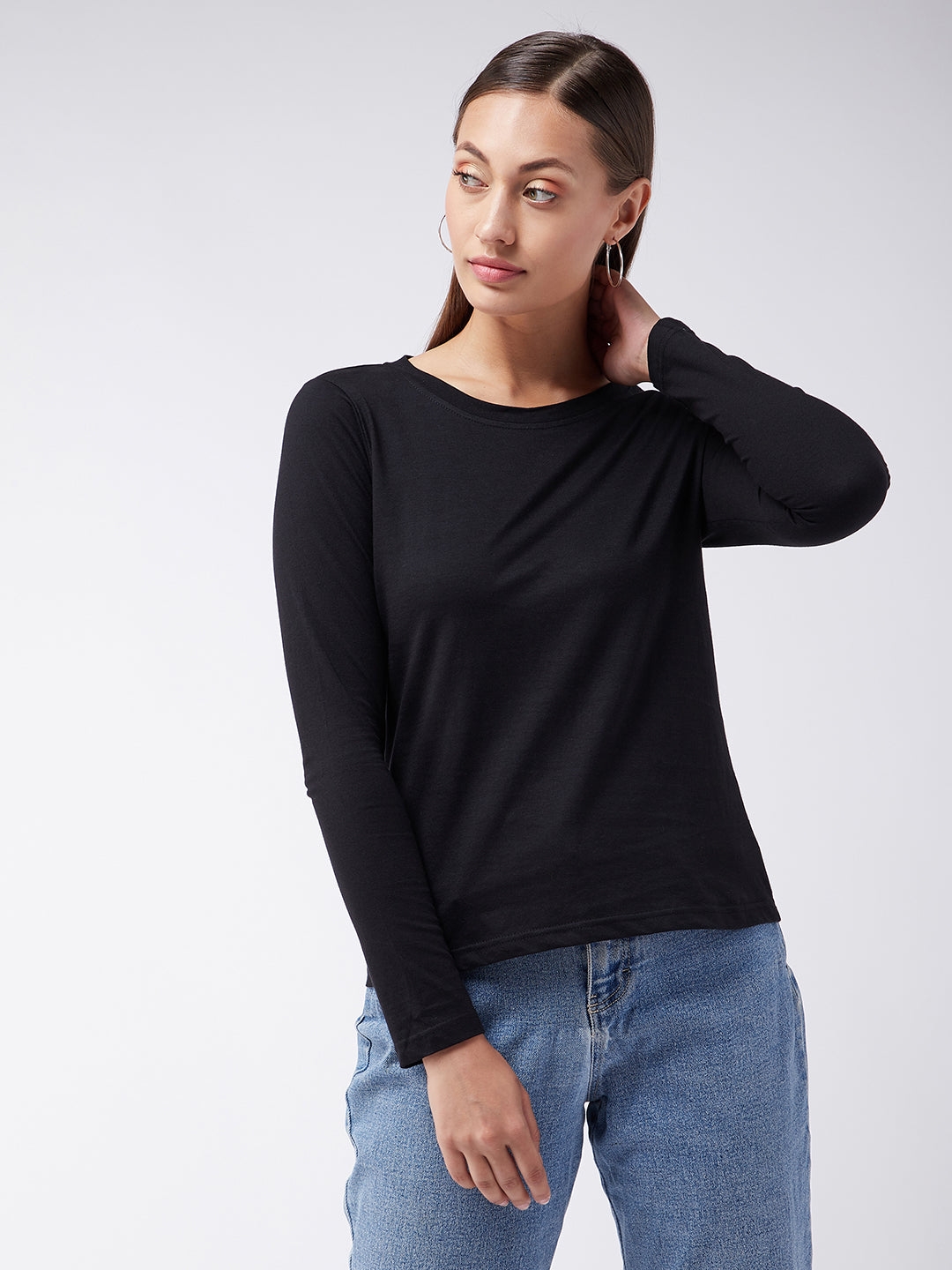 MISS CHASE | Black Round Neck Full Sleeves Solid Basic Top