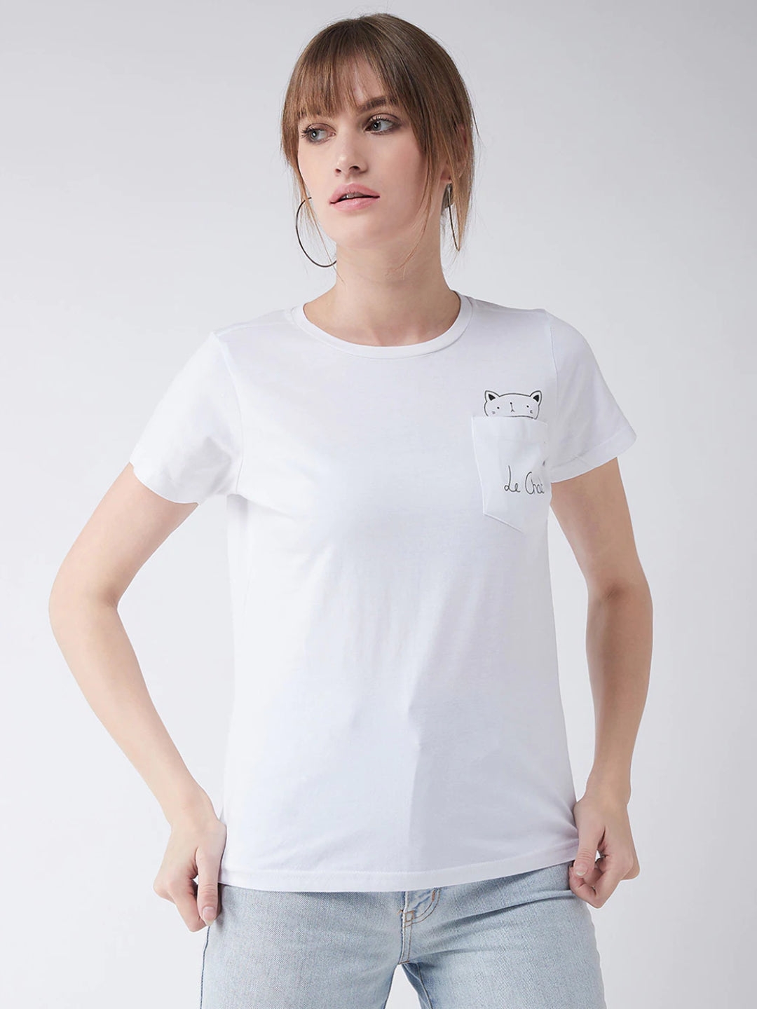 White Cotton Round Neck Short Sleeve Graphic Print T-Shirt