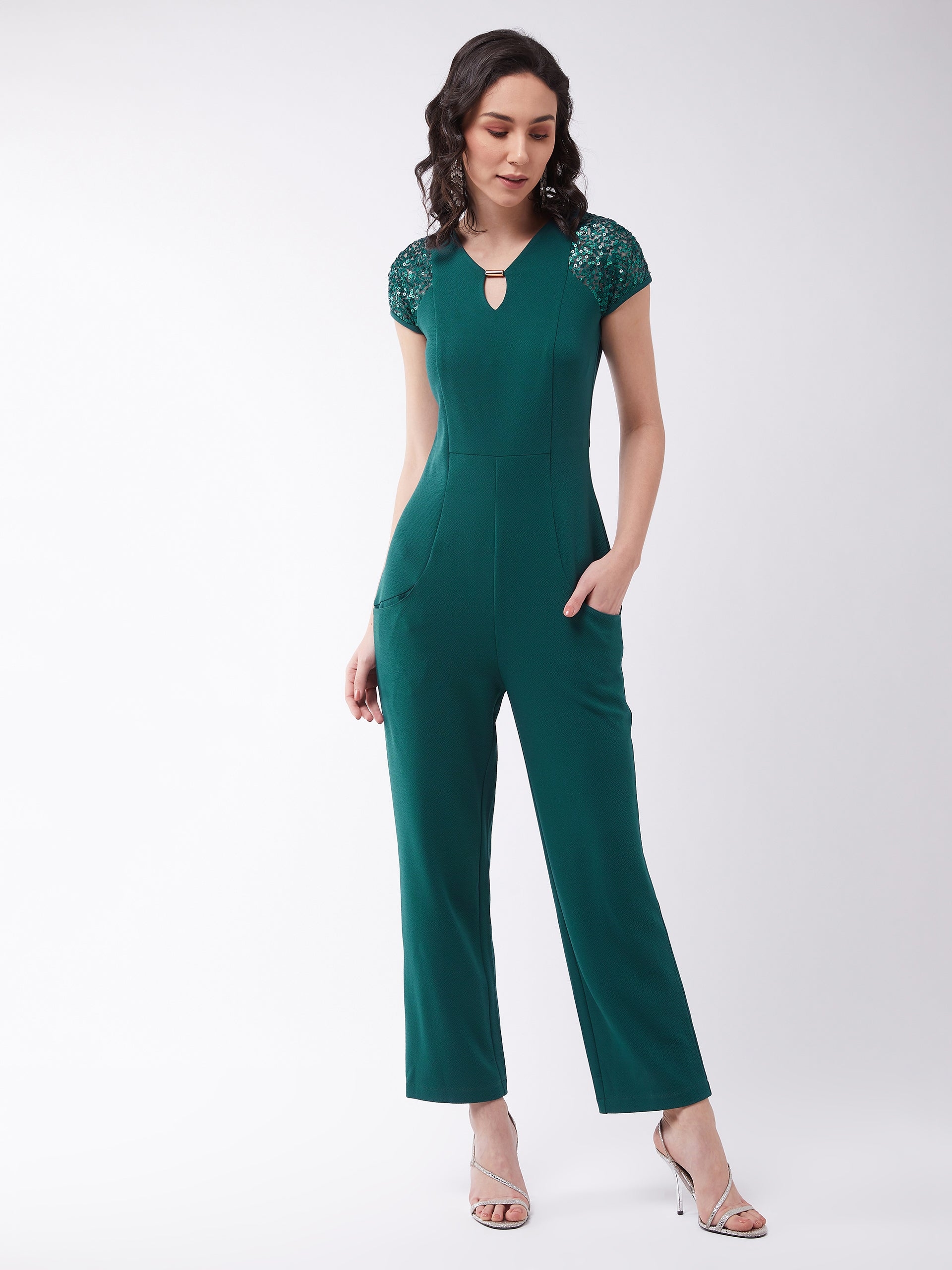MISS CHASE | Green Solid Regular Length V - Neck Short Sleeve Sequin Panel Straight Leg Embellished Jumpsuit