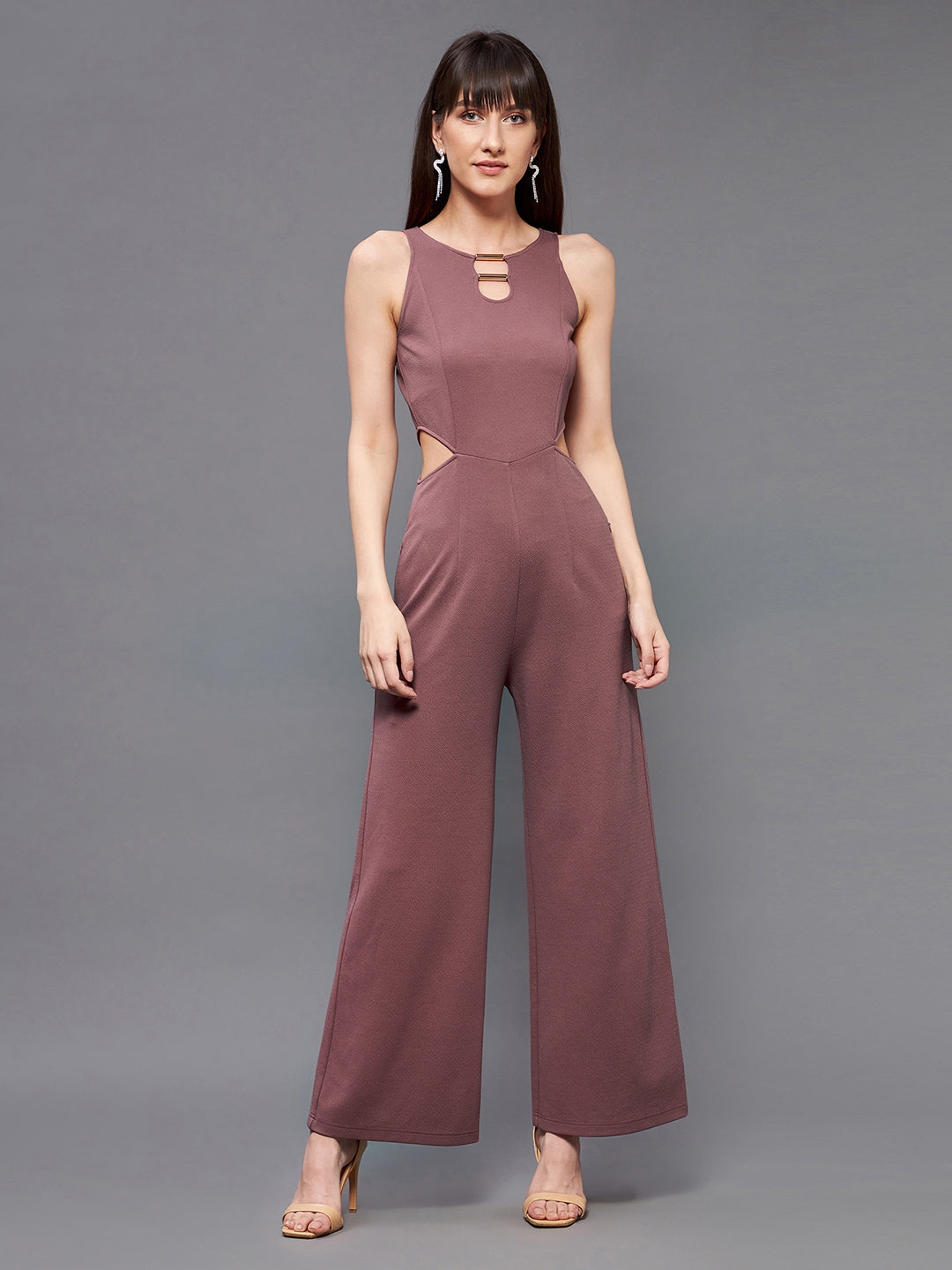 Mauve Round Sleeveless Polyester Solid Waist Cut-Out Regular  Jumpsuit