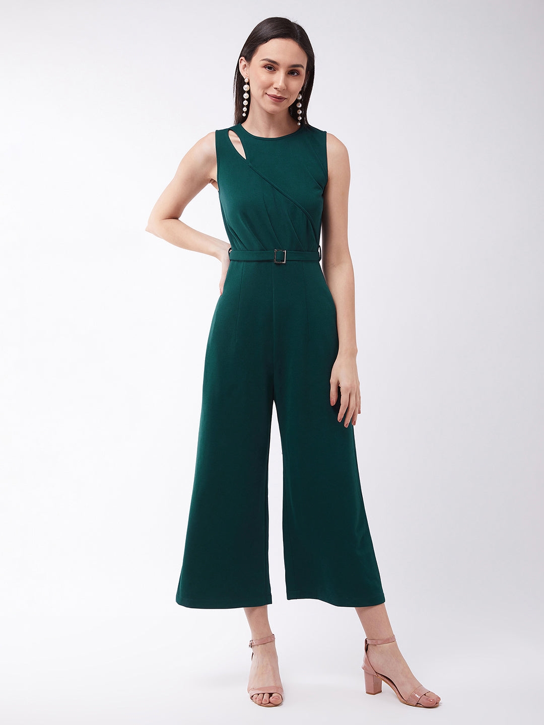 Green Solid Polyester Regular Fit Round Neck Sleeveless Regular Length Jumpsuit