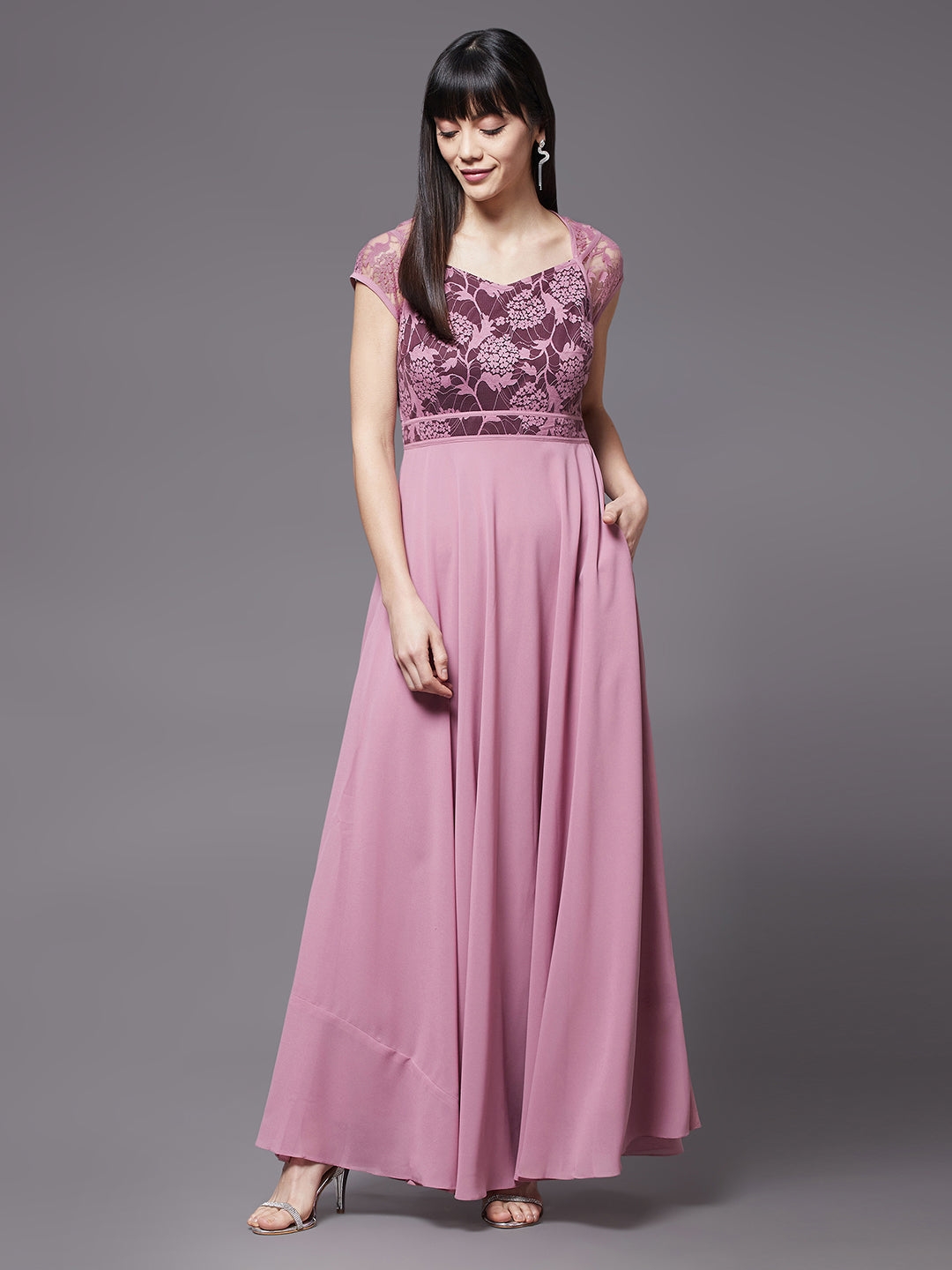MISS CHASE | Lavender & Wine V-Neck Cap Sleeves Floral Lace Fit & Flare Maxi Dress