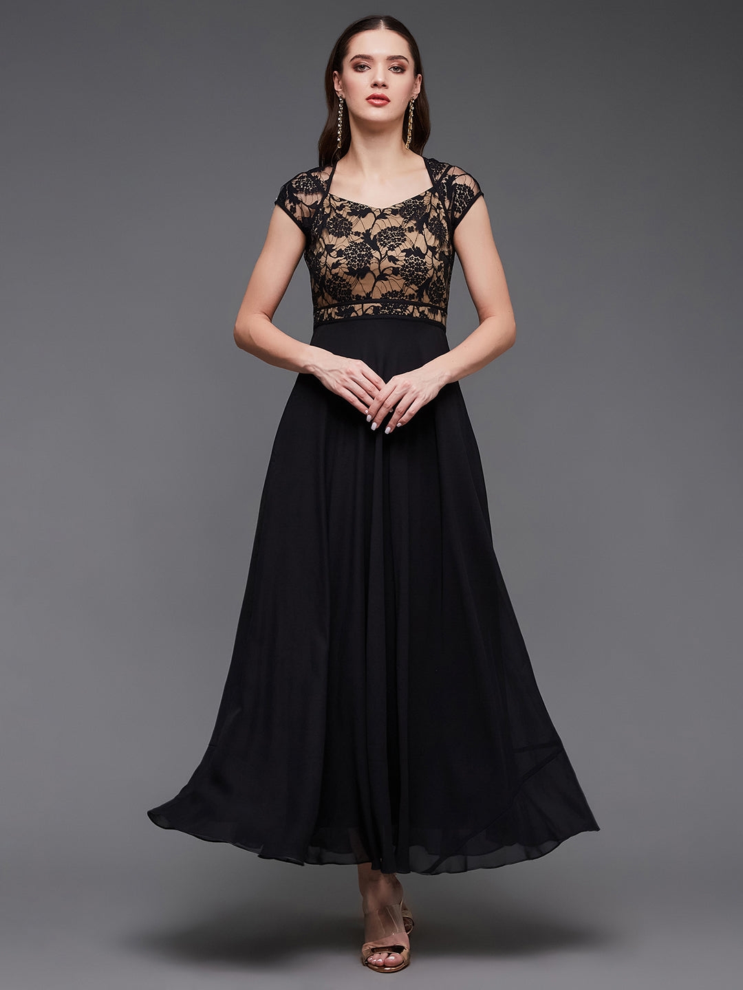 Black Floral V - Neck Cap Short Sleeves Lace Overlaid Fit & Flare Paneled Maxi Dress