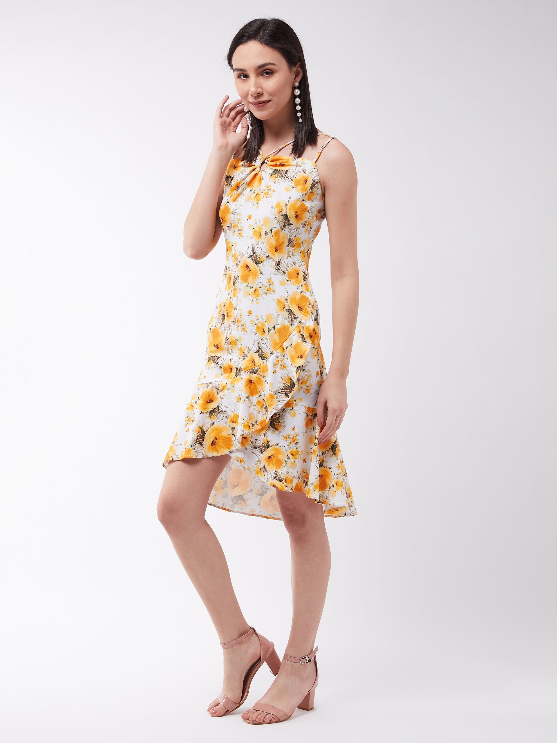 Multicolored Floral Printed Relaxed Fit V-Neck Sleeveless Ruffled Midi Dress