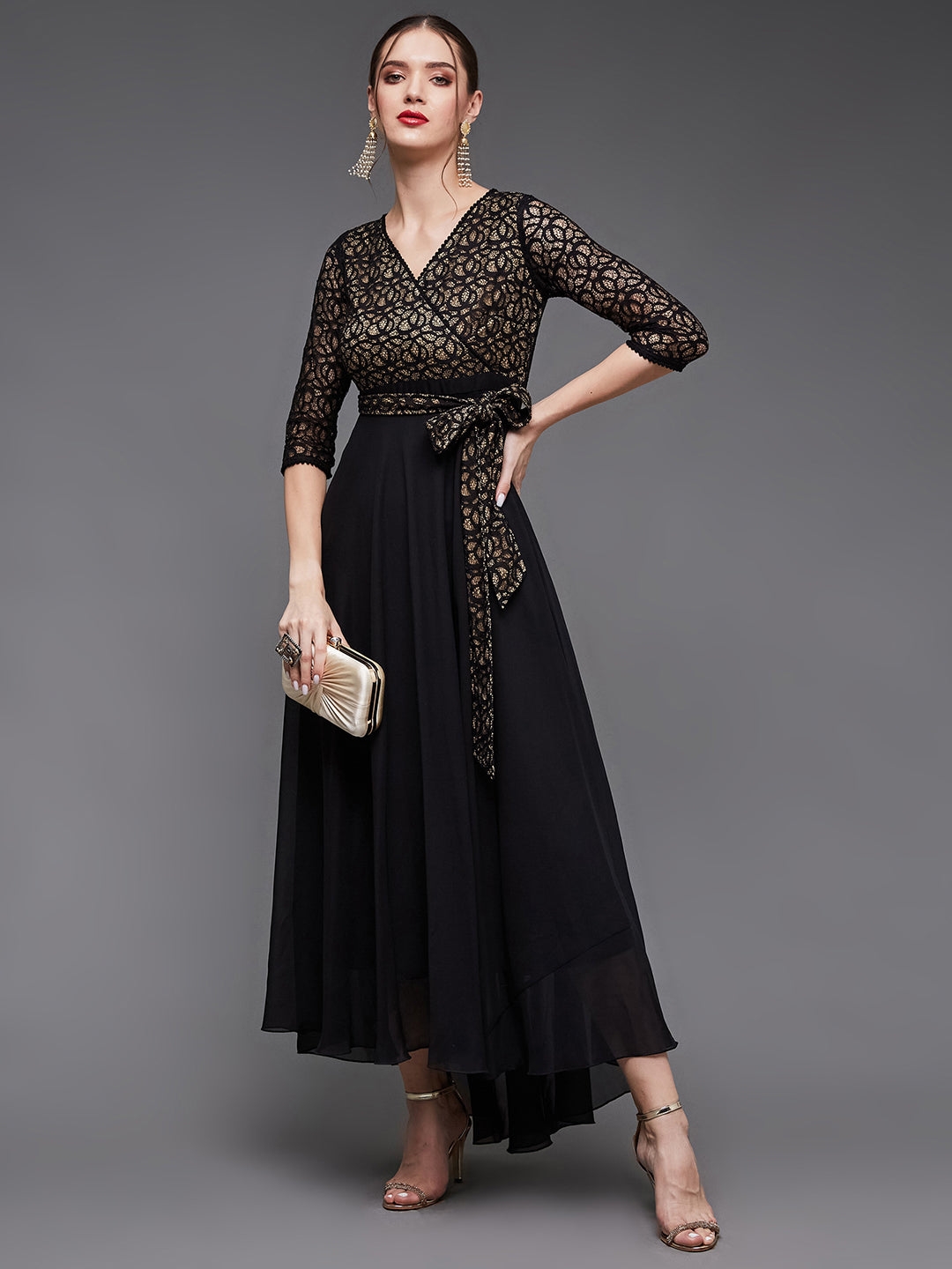 Black Self-Designed Relaxed Fit V-Neck 3/4th Sleeve Georgette And Lace Maxi Dress