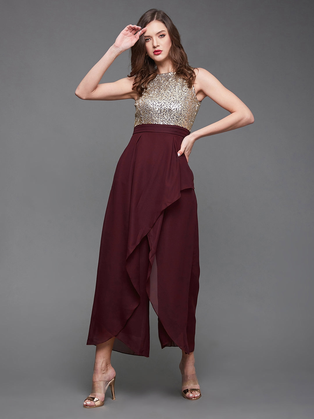 Wine Solid Relaxed Fit Round Neck Sleeveless Regular Length Jumpsuit