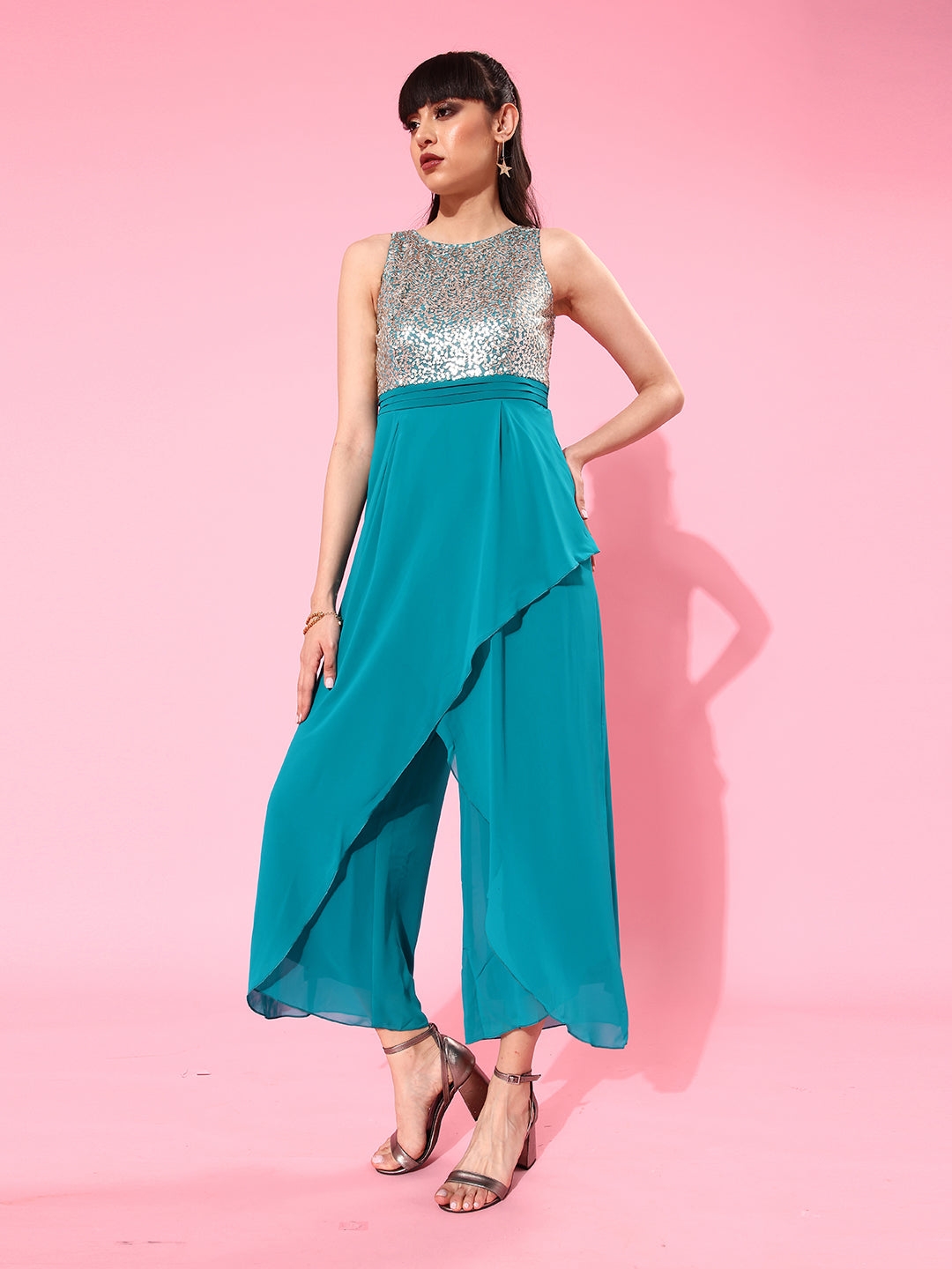 MISS CHASE | Turquoise Round neck Sleeveless Embellished Layered Regular Jumpsuit