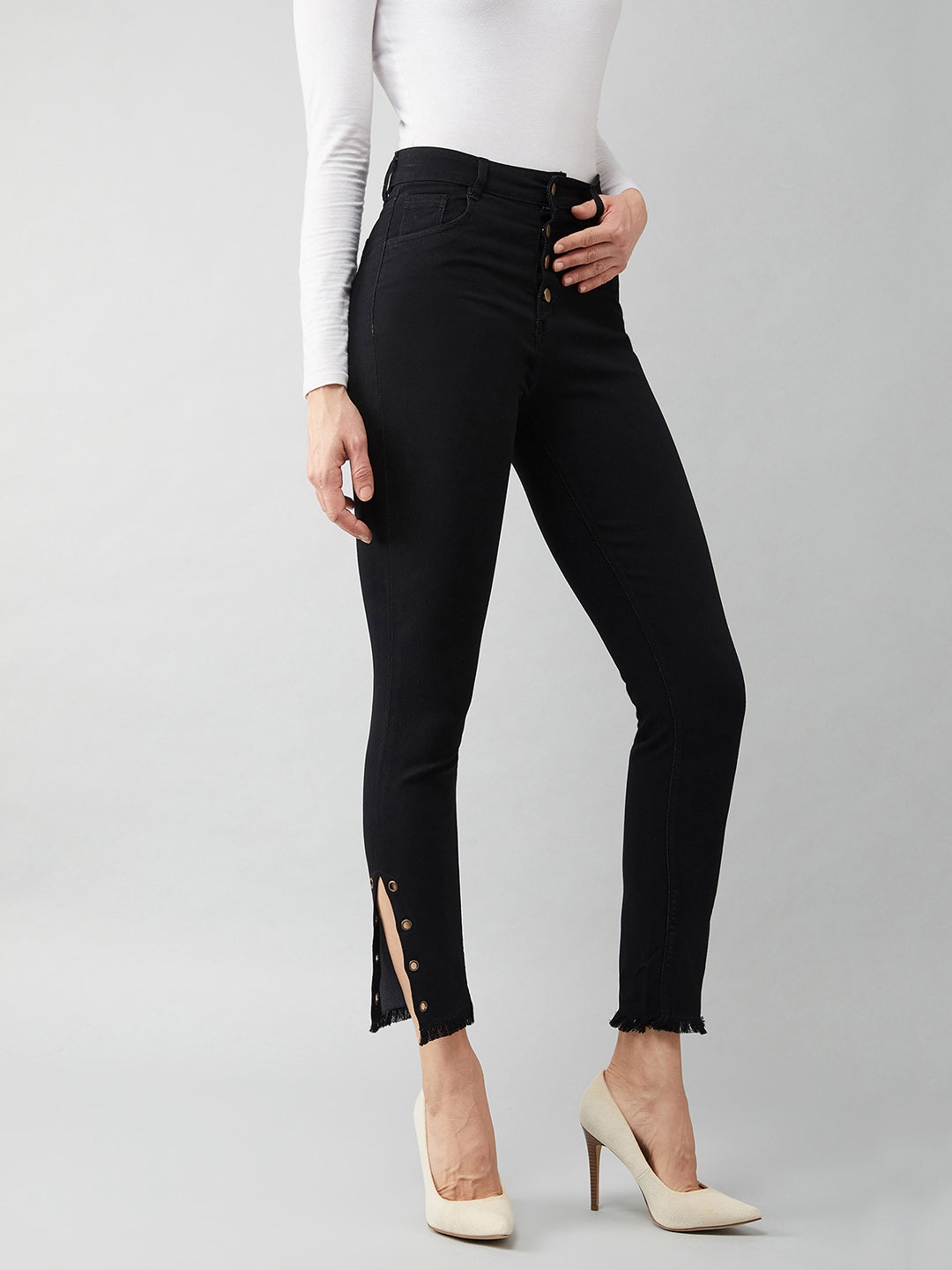 MISS CHASE | Black Skinny Fit Relaxed High Rise Regular Length Denim Stretchable Jeans