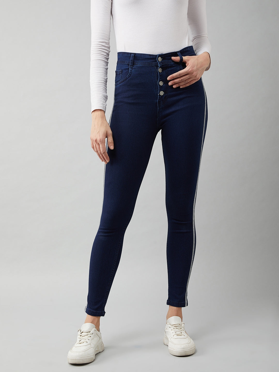 MISS CHASE | Navy Blue Cotton Skinny Fit Relaxed High Rise Regular Length Stretchable Denim Jeans