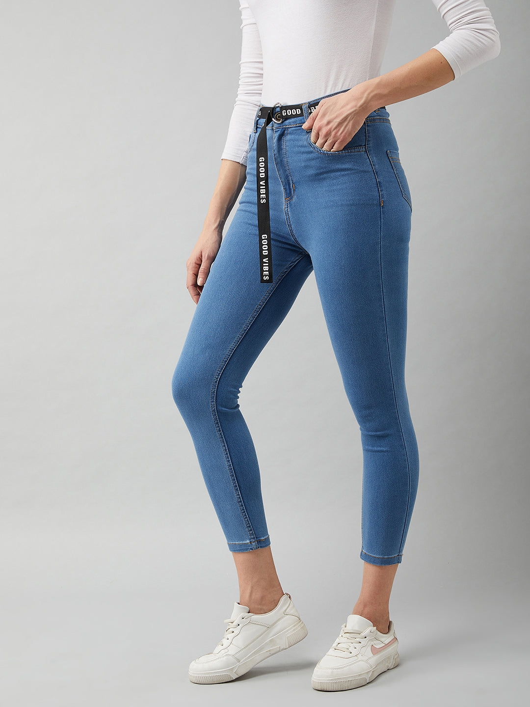 MISS CHASE | Blue Cotton Skinny Fit Cropped High Rise Stretchable Denim Jeans