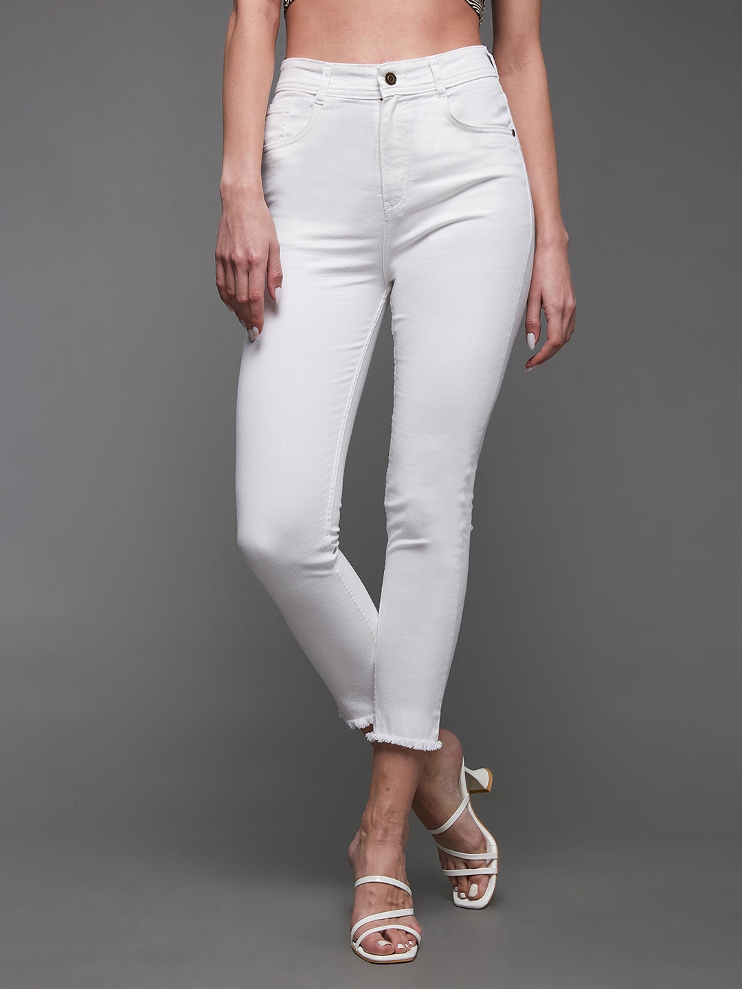 MISS CHASE | White Skinny High Rise Clean Look Bleached Cropped Stretchable Denim Jeans