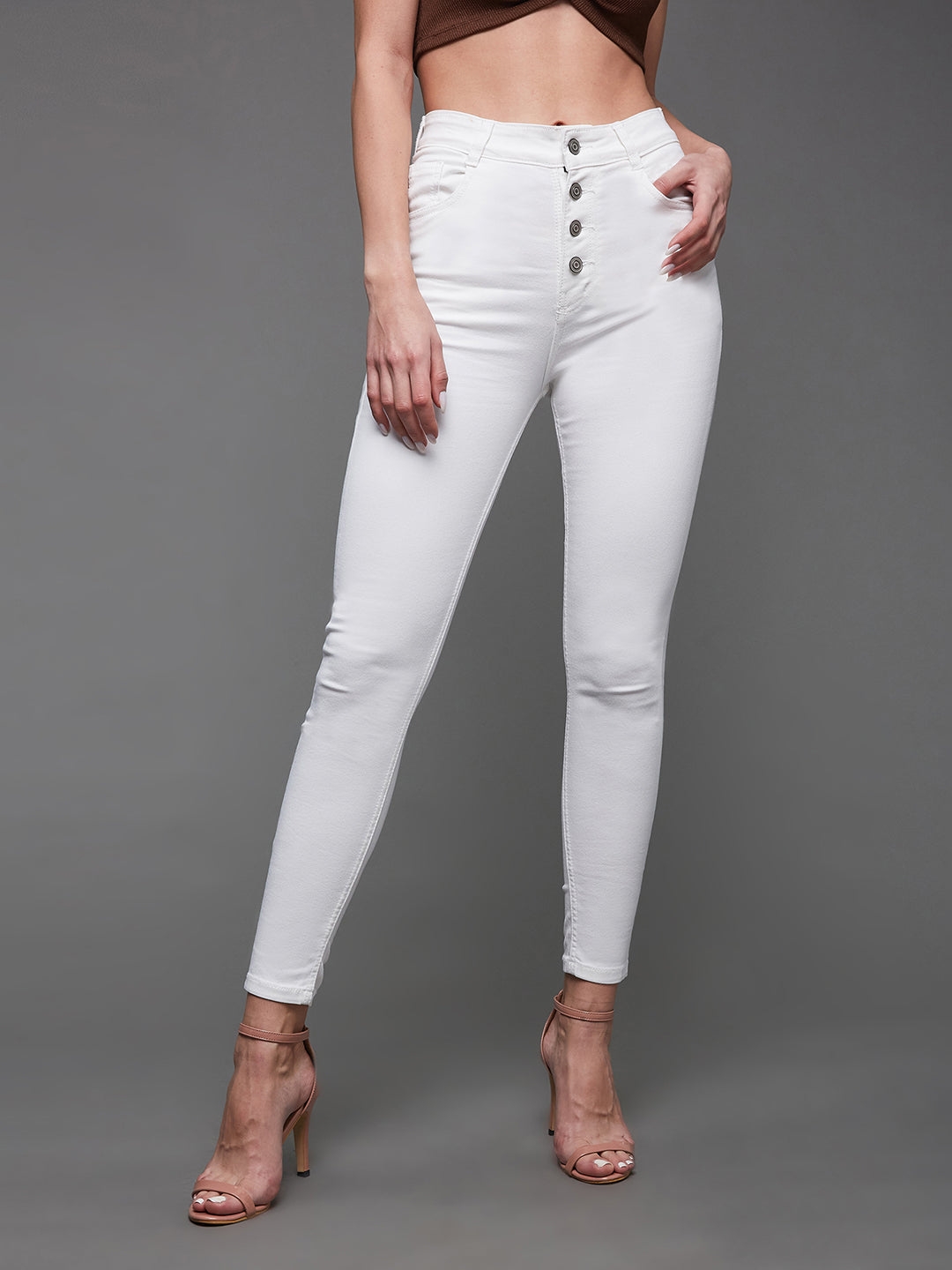 MISS CHASE | White Skinny Fit High Rise Clean Look Stretchable Regular Length Bleached Denim Jeans