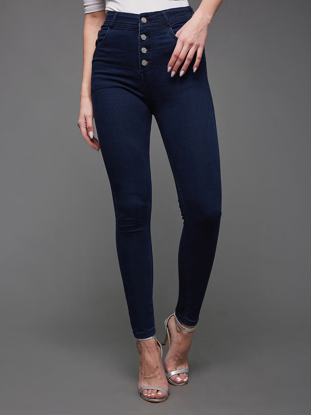 MISS CHASE | Navy Blue Skinny Fit High Rise Regular Length Clean Look Stretchable Denim Jeans