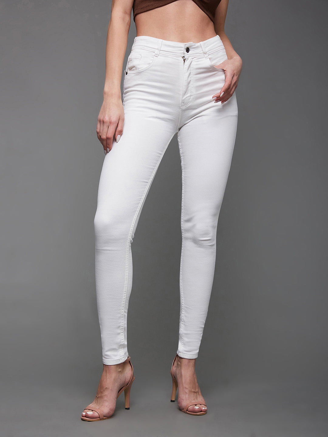 MISS CHASE | White Skinny High Rise Clean Look Bleached Regular Length Stretchable Denim Jeans