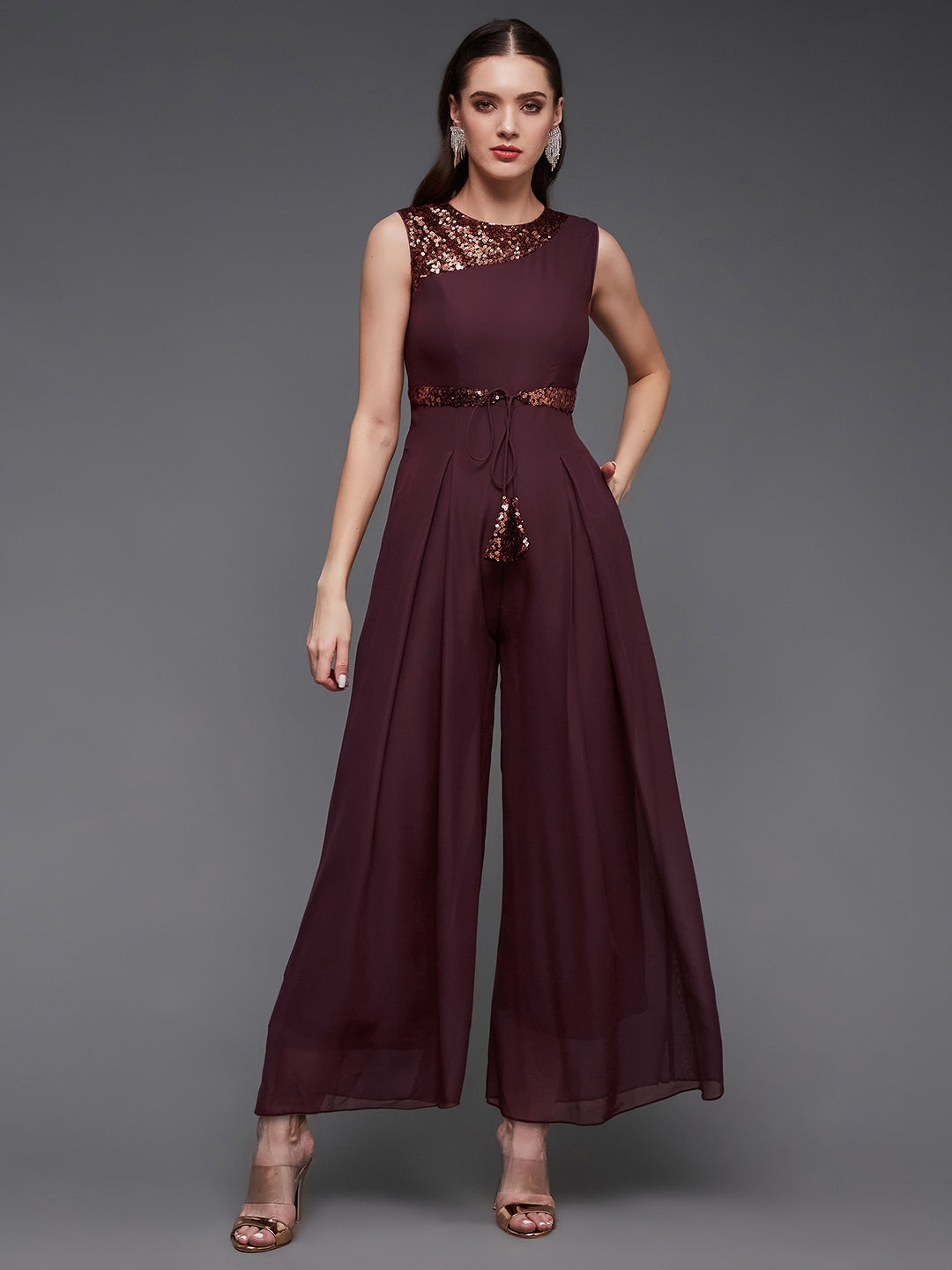 Wine Solid Relaxed Fit Sleeveless Round Neck Regular-Length Straight Jumpsuit