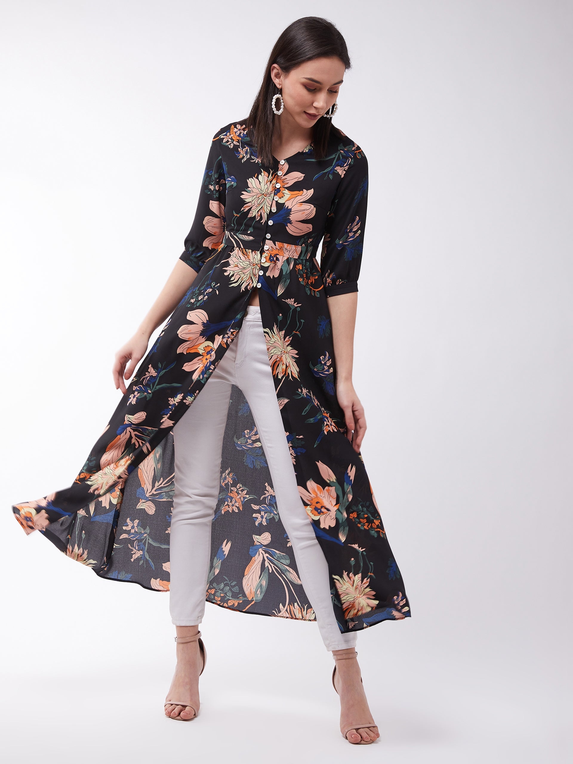 MISS CHASE | Multicolor Floral Printed Polyester Regular Fit V Neck 3/4 Sleeve Maxi Top