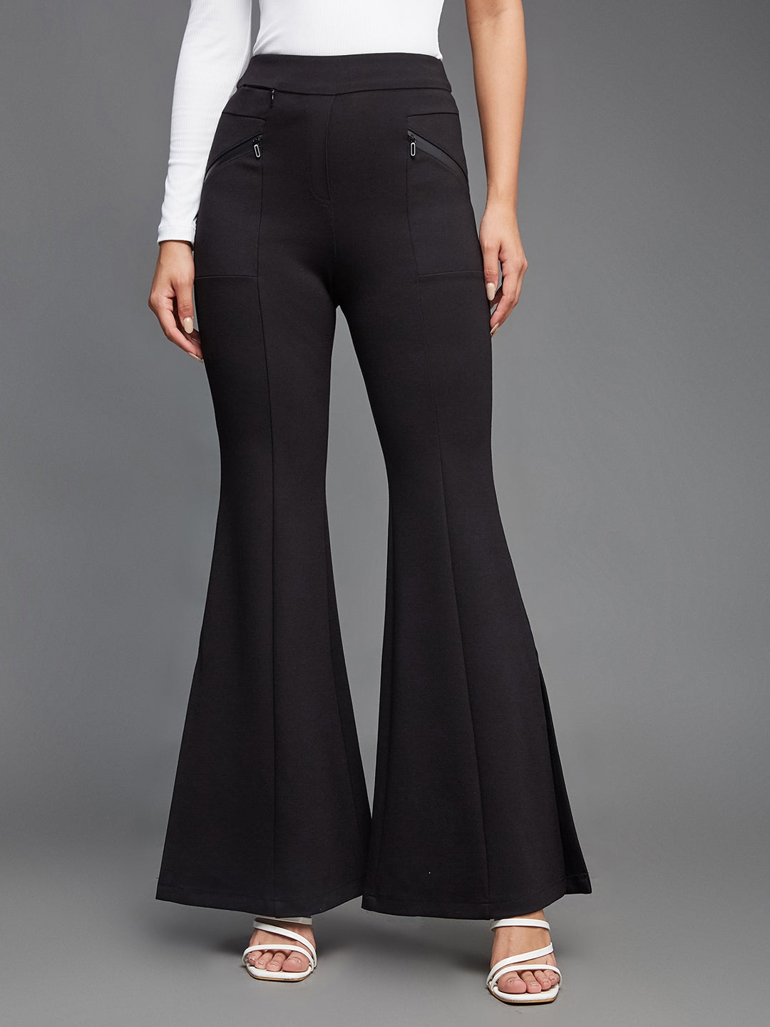 MISS CHASE | Black Viscose Solid Side Slit Bootcut Regular  Trouser