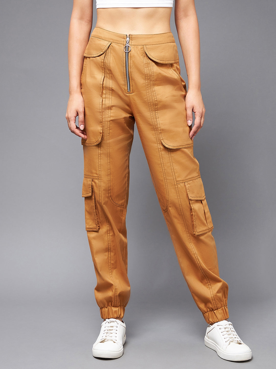 MISS CHASE | Tan Cotton Solid Paneled Regular  Joggers