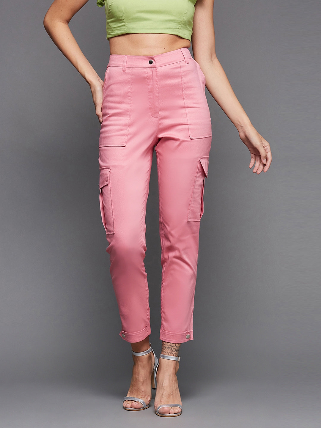 Pink Solid Polyester High Waist Regular Length Trouser