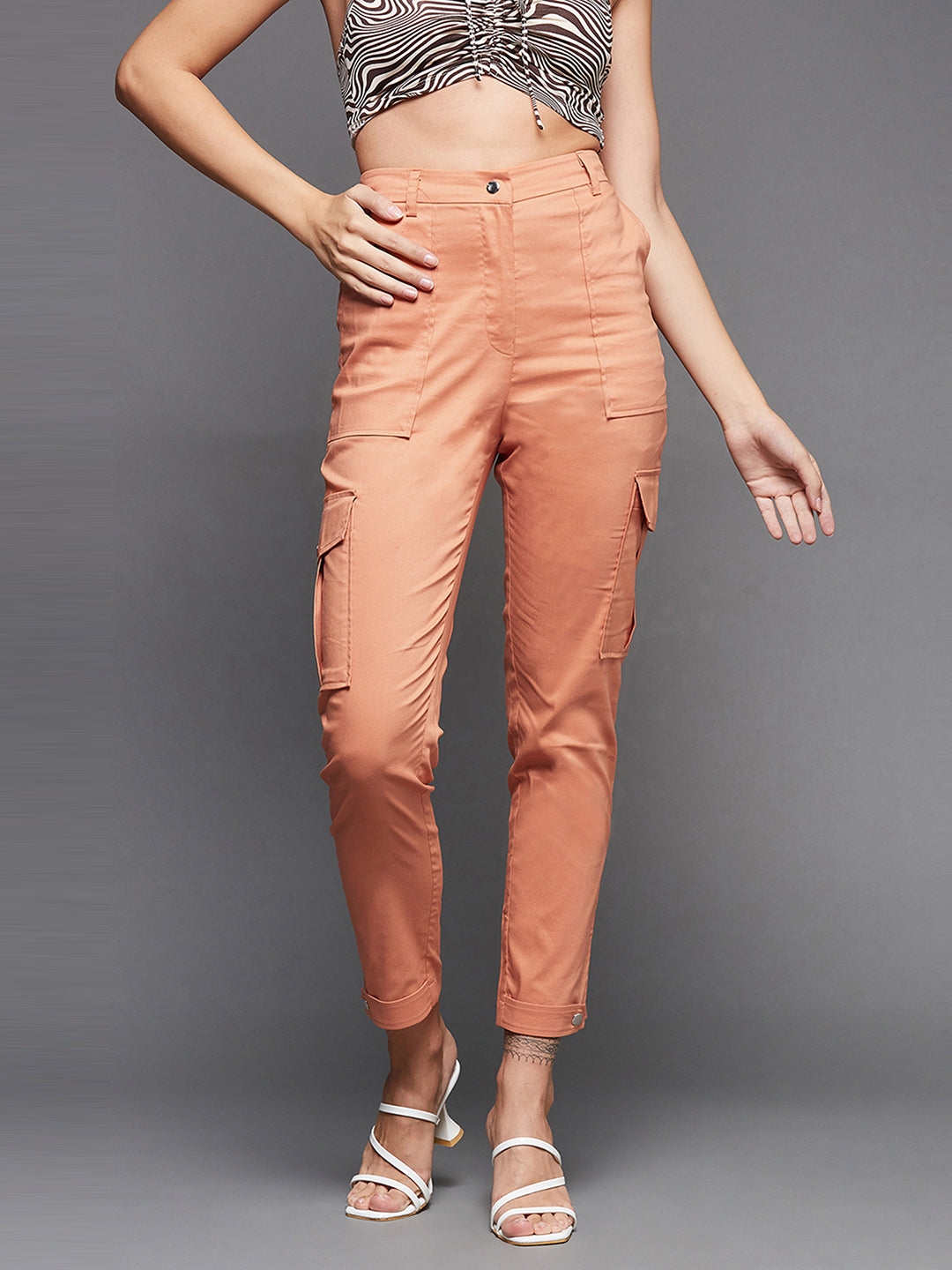 MISS CHASE | Dusty Orange Solid Polyester High Waist Regular Length Trouser