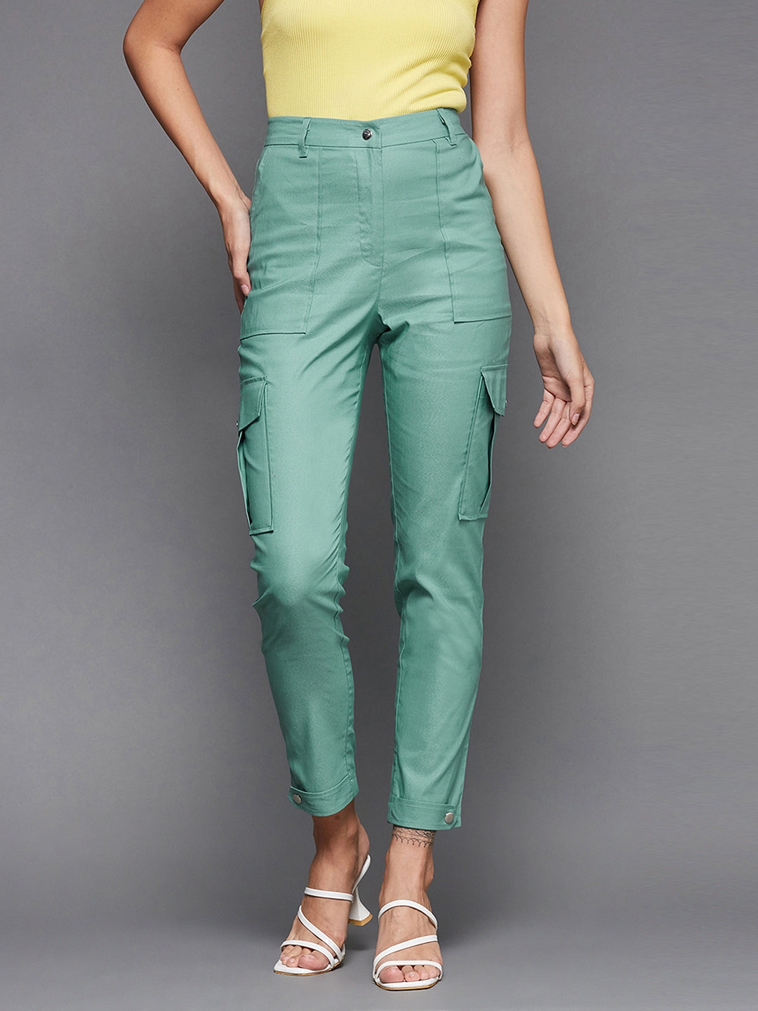 MISS CHASE | Turquoise Solid Polyester High Waist Regular Length Trouser