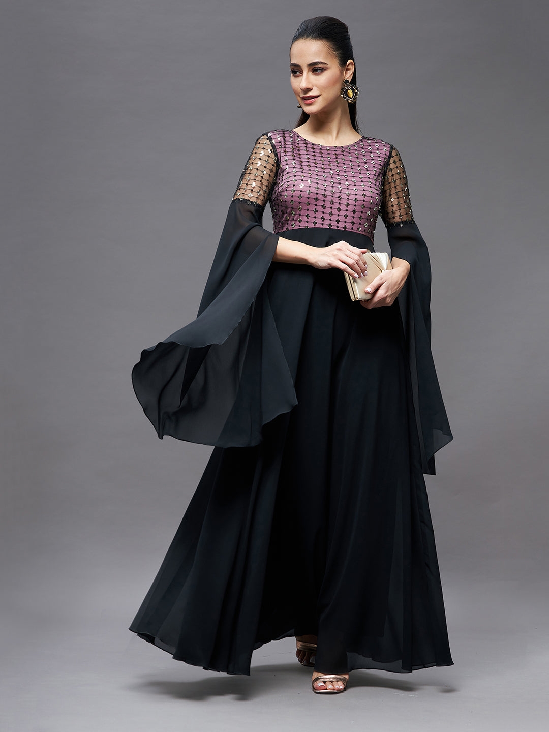 Black & Lavender Relaxed Fit Maxi Georgette & Sequins Dress