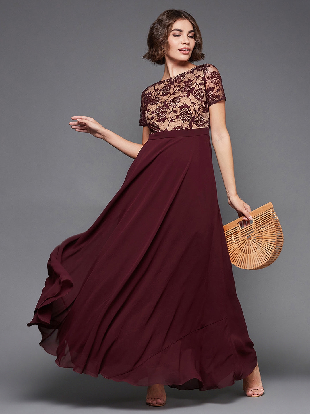MISS CHASE | Wine & Beige Relaxed Fit Regular Georgette Dress