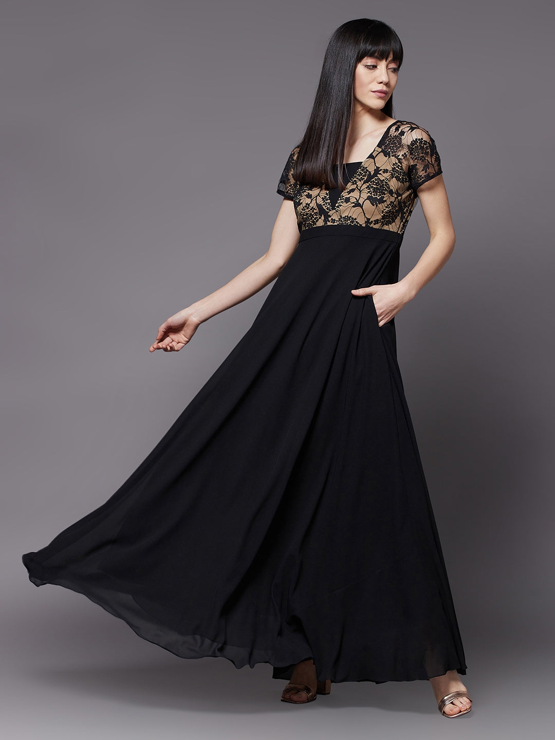 MISS CHASE | Black Square Neck Raglan Short Sleeve Self Design Lace Overlaid Georgette Maxi Dress