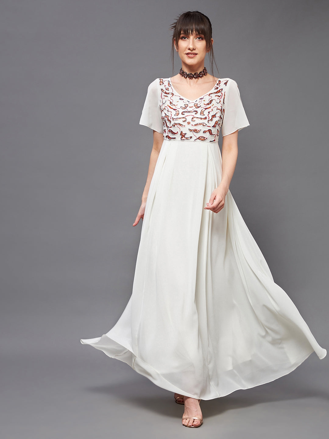 Off White V-Neck Short Slit Sleeve Embroidered Embellished Georgette Maxi Dress