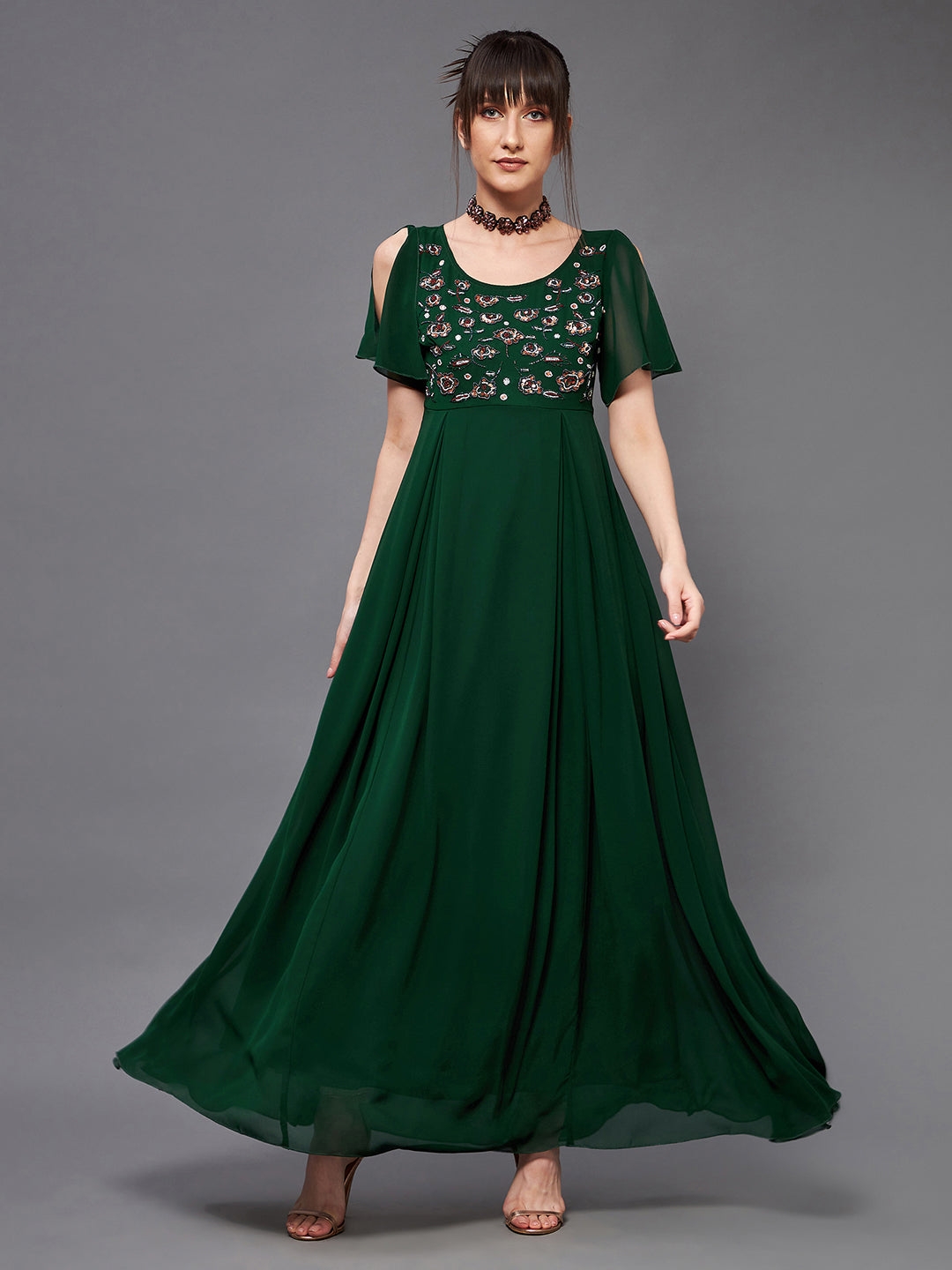 MISS CHASE | Dark Green Round Short Slit Sleeve Solid Embellished Georgette Maxi Dress