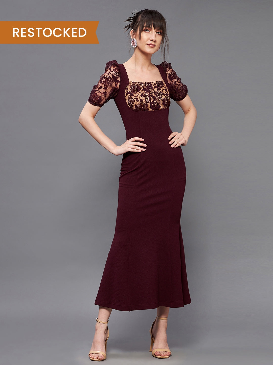 MISS CHASE | Wine Square Neck Short Puff Sleeve Self Design Lace Overlaid Bodycon Midi Dress