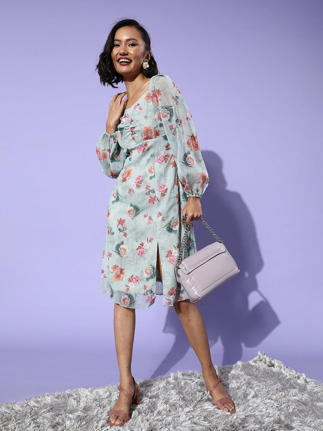 MISS CHASE | Multicolored-Base-Dusty Green Sweetheart Full Sleeve Floral A-Line Midi Dress