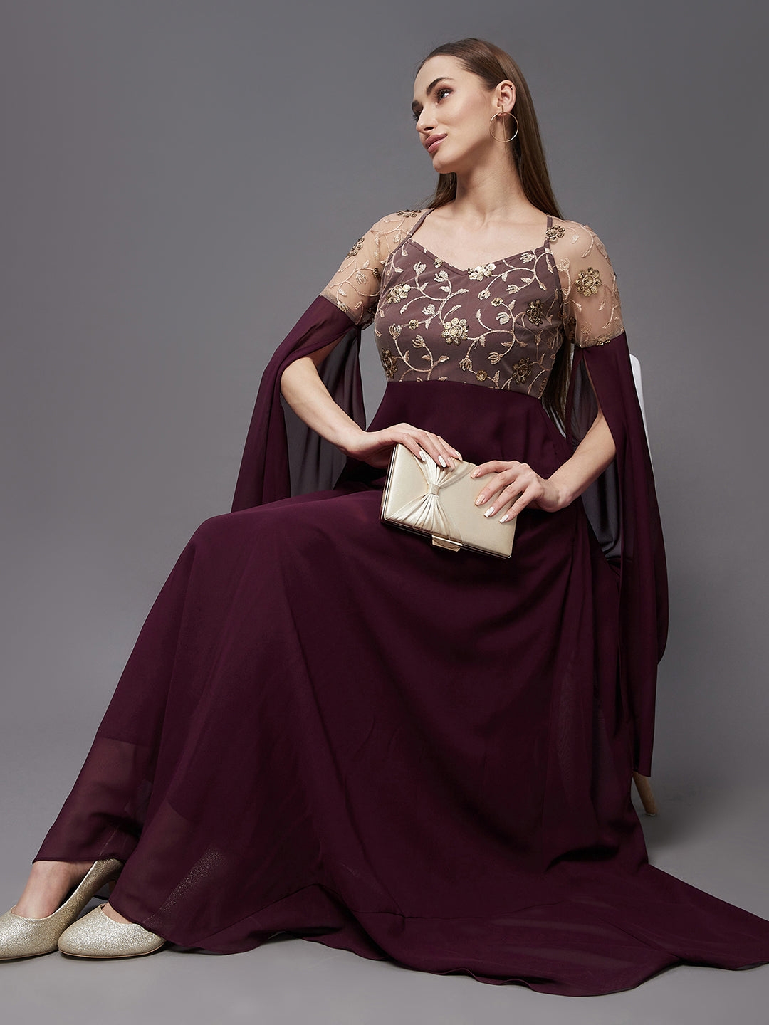 MISS CHASE | Wine V-Neck Flared Long sleeve Embroidered Fit & Flare Maxi Dress