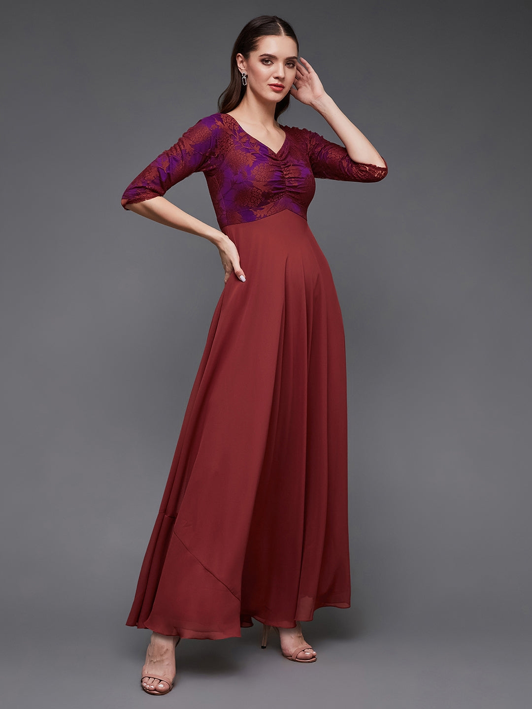 MISS CHASE | Brick Red Sweet heart neck 3/4 Sleeve Self Design Fit & Flare Maxi Dress