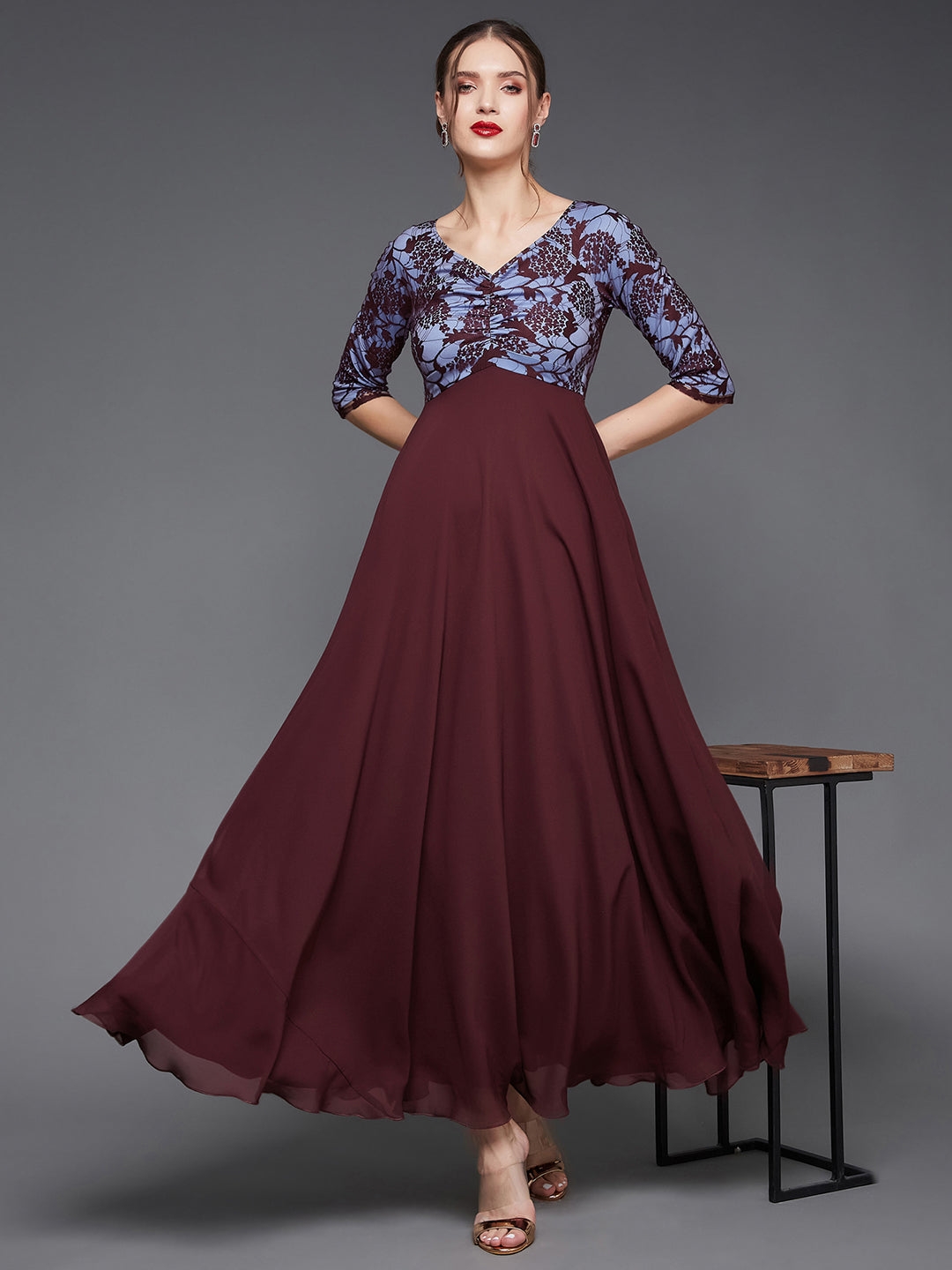 Wine Sweet heart neck 3/4 Sleeve Self Design Fit & Flare Maxi Dress