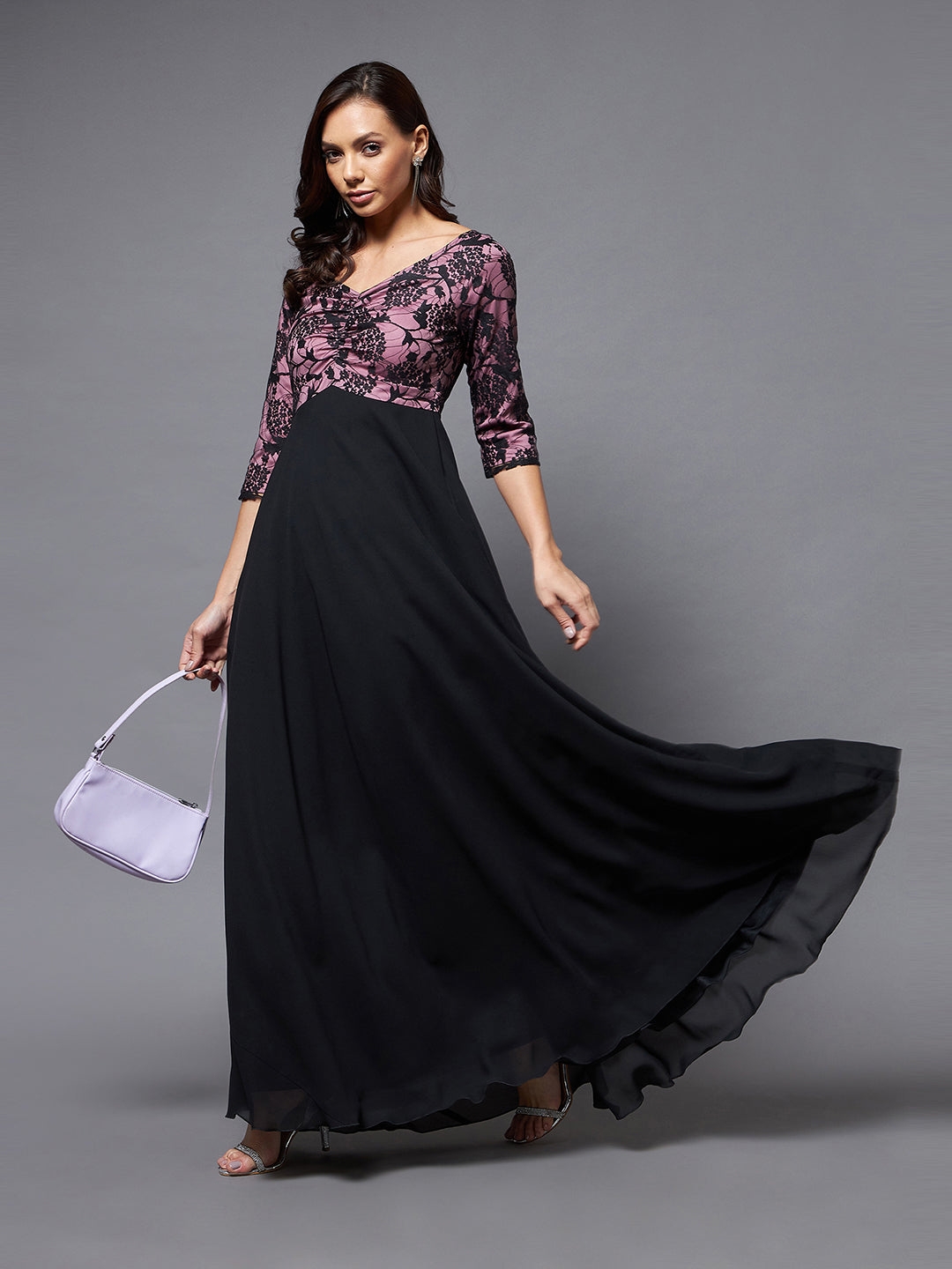 MISS CHASE | Black And Lavender Sweet heart neck 3/4 Sleeve Self Design Fit & Flare Maxi Dress