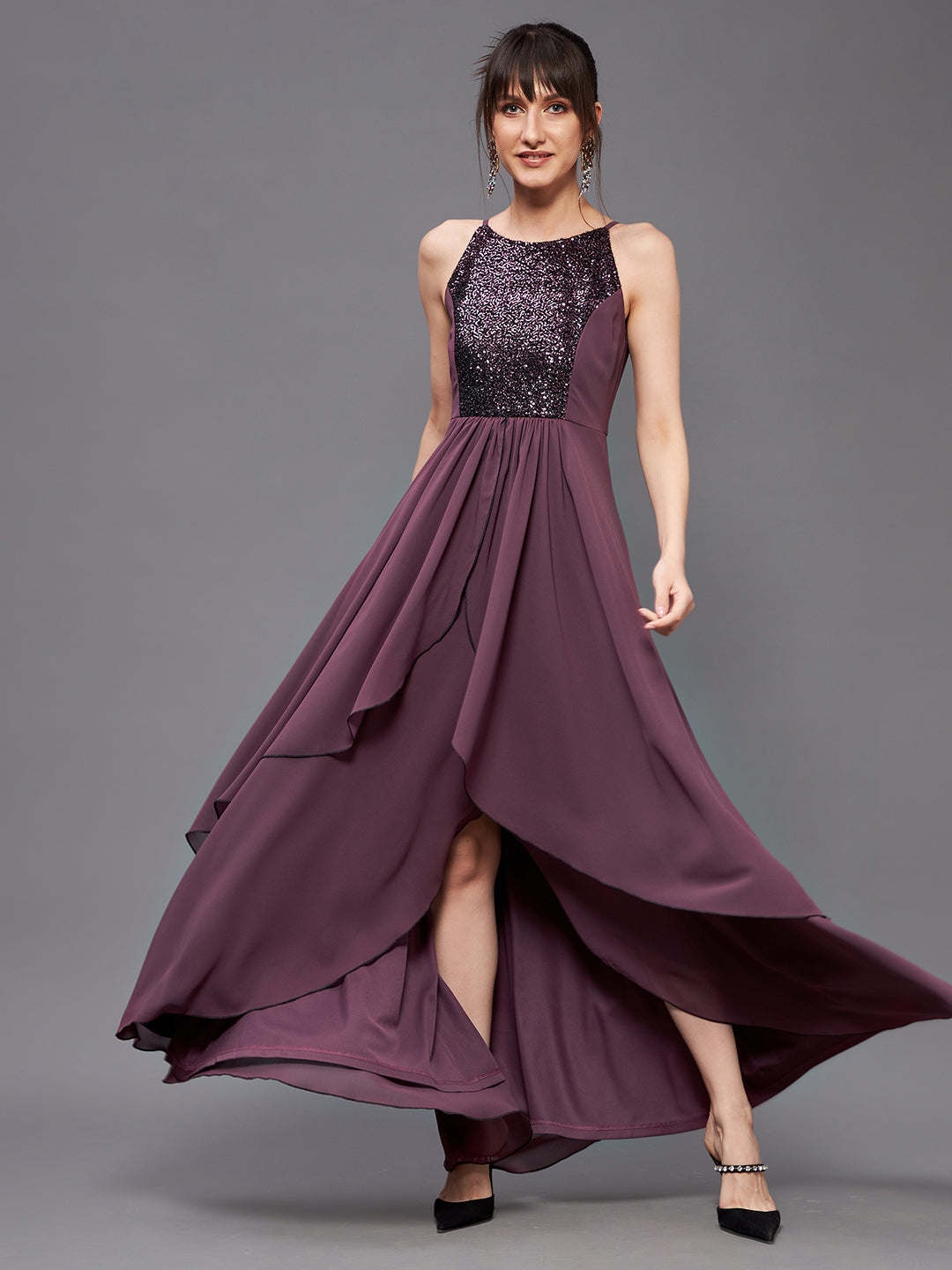 MISS CHASE | Mauve Halter Neck Sleeveless Embellished Layered Maxi Dress
