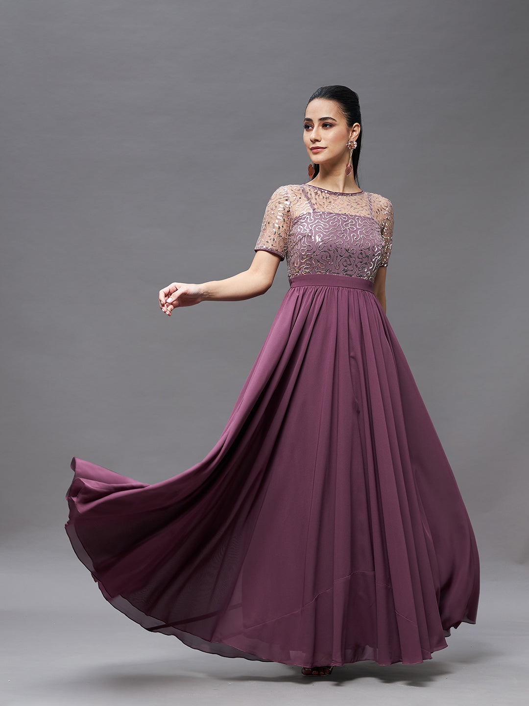 Mauve Relaxed Fit Maxi Georgette & Sequins Dress
