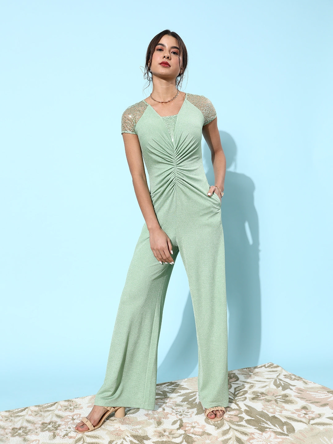 MISS CHASE | Mint Square Sheer Sleeves Embellished Ruching Regular Jumpsuit