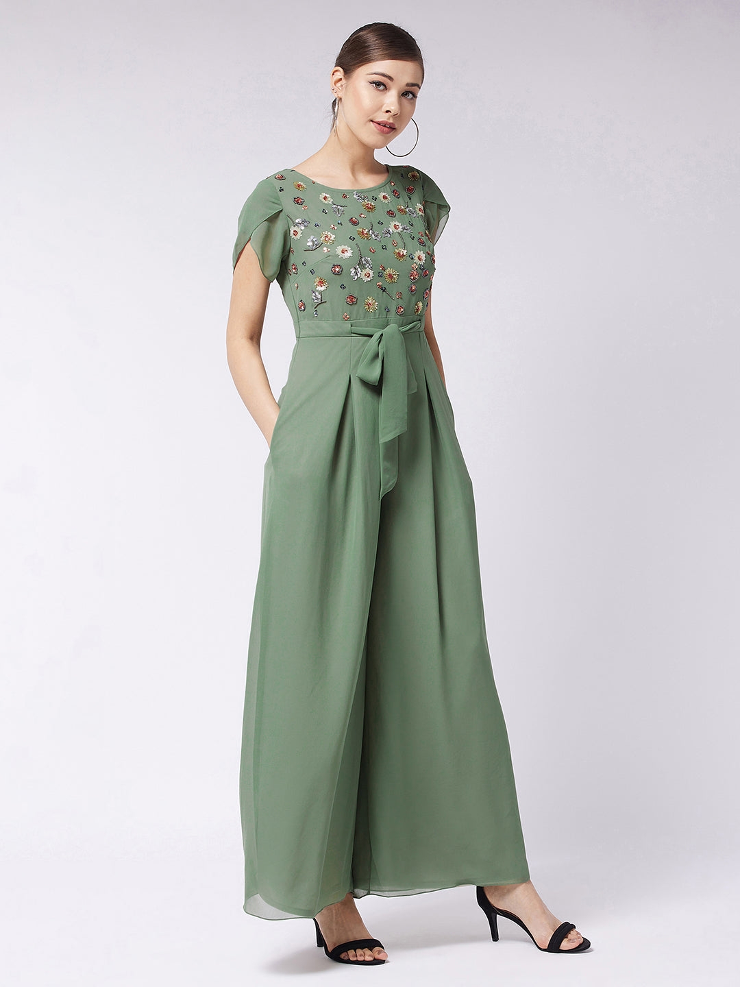 MISS CHASE | Light Green Round Neck Tulip Sleeve Embroidered Pleated Regular Jumpsuit