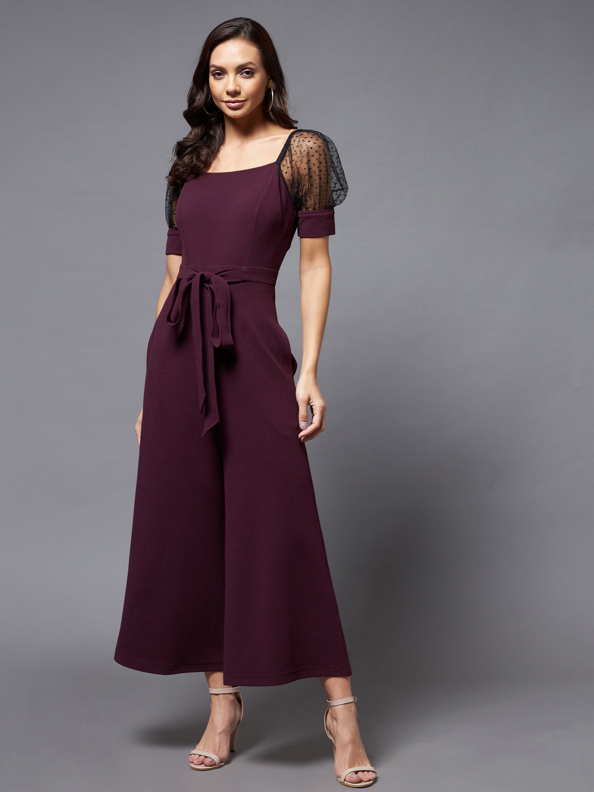 MISS CHASE | Dark Purple & Black Solid Straight Leg Square Neck Half Sleeve Relaxed Fit Jumpsuit