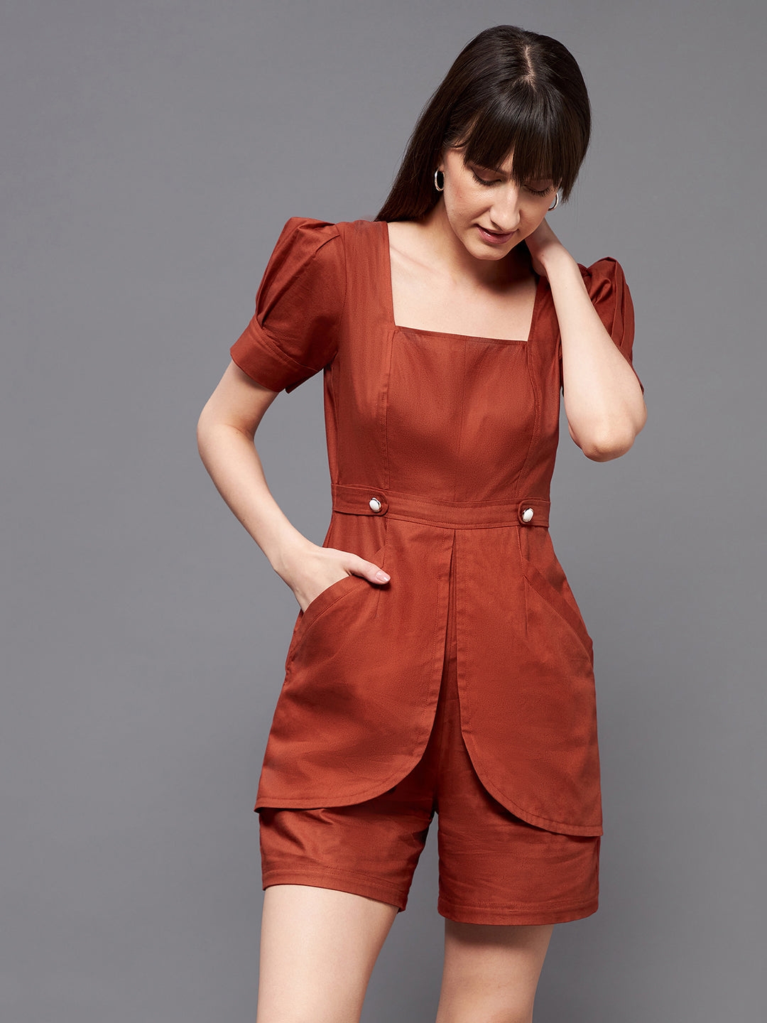 Rust  Square Neck Pleated Cotton Solid Flap Pockets Short Playsuit