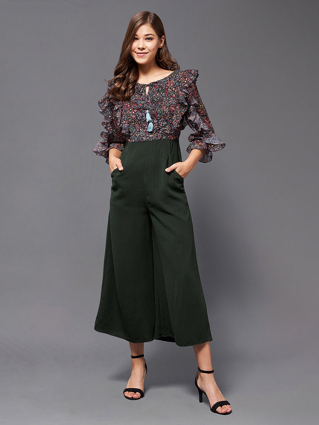 Multicolored-Base-Green Printed Round Neck 3/4 Sleeve Polyester Ruffled Regular Length Jumpsuit