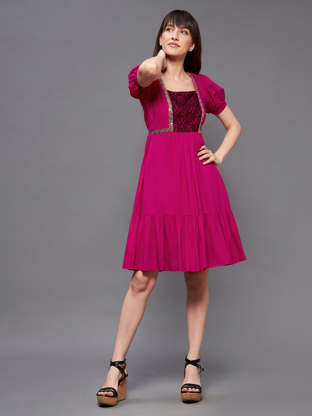 MISS CHASE | Dark Pink Square  Puff Sleeve Viscose Rayon Embroidered Lace Overlaid Knee-Long Dress