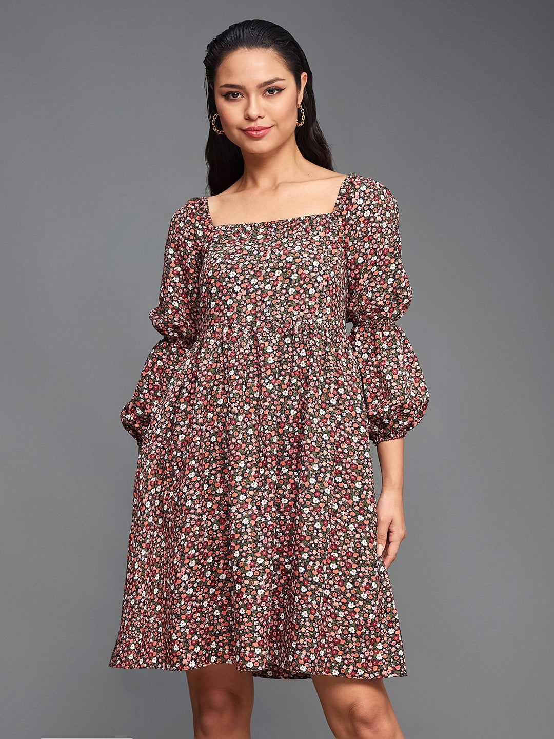 MISS CHASE | Multicolored-Base-Black Square Bishop Sleeve Viscose Rayon Floral Gathered Above Knee Dress