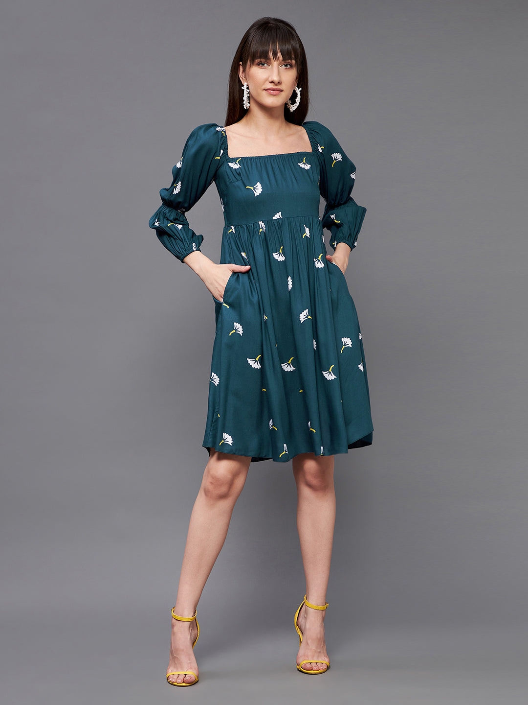 Multicolored-Base-Teal Square  Bishop Sleeve Viscose Rayon Floral Gathered Above Knee Dress
